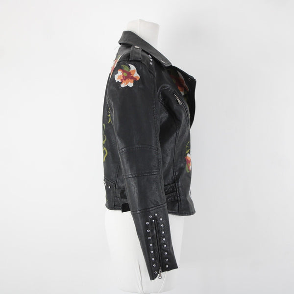 Black Multi Floral Embroidered Studded Leather Polyurethane Lined Moto Jacket