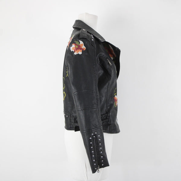 Black Multi Floral Embroidered Studded Leather Polyurethane Lined Moto Jacket