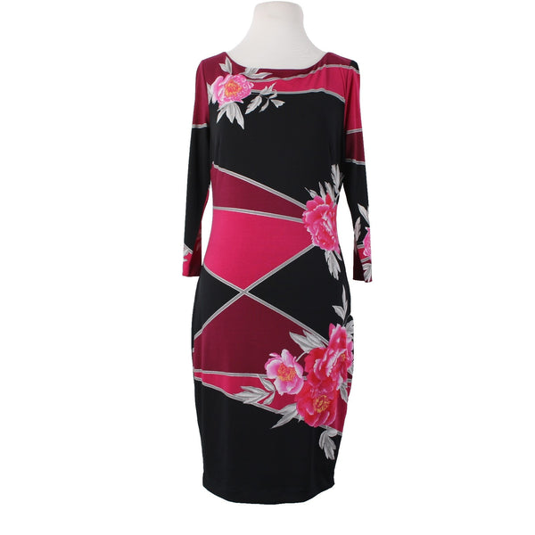 Cache Dress Sz 4 Black Pink Floral 3/4 Sleeve Midi Polyester Spandex  Dress