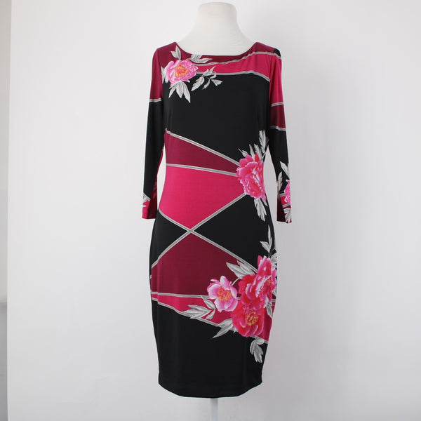 Cache Dress Sz 4 Black Pink Floral 3/4 Sleeve Midi Polyester Spandex  Dress