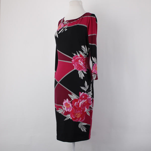 Cache Dress Sz 4 Black Pink Floral 3/4 Sleeve Midi Polyester Spandex  Dress