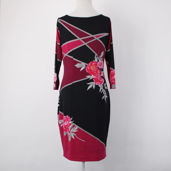 Cache Dress Sz 4 Black Pink Floral 3/4 Sleeve Midi Polyester Spandex  Dress