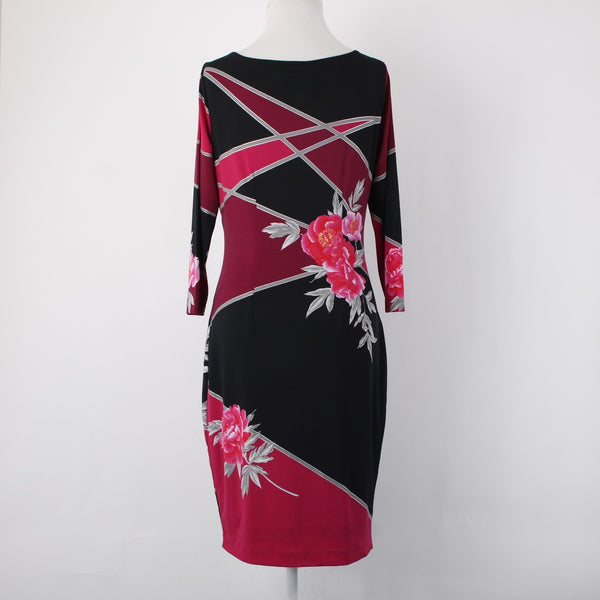 Cache Dress Sz 4 Black Pink Floral 3/4 Sleeve Midi Polyester Spandex  Dress