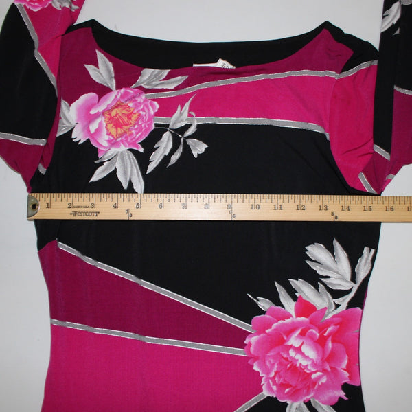 Cache Dress Sz 4 Black Pink Floral 3/4 Sleeve Midi Polyester Spandex  Dress