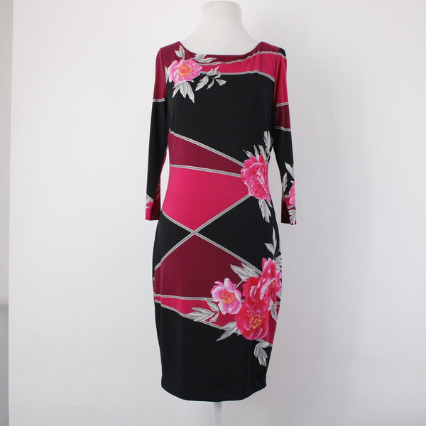 Cache Dress Sz 4 Black Pink Floral 3/4 Sleeve Midi Polyester Spandex  Dress