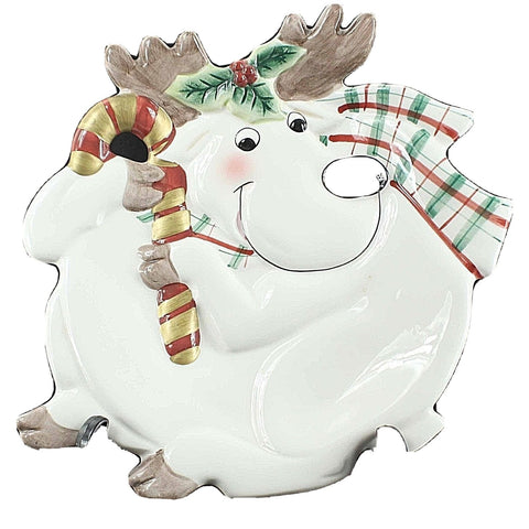 Fitz and Floyd Essentials 8" Red Green Cream Multi Reindeer Holiday Plate