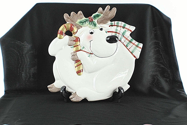 Fitz and Floyd Essentials 8" Red Green Cream Multi Reindeer Holiday Plate