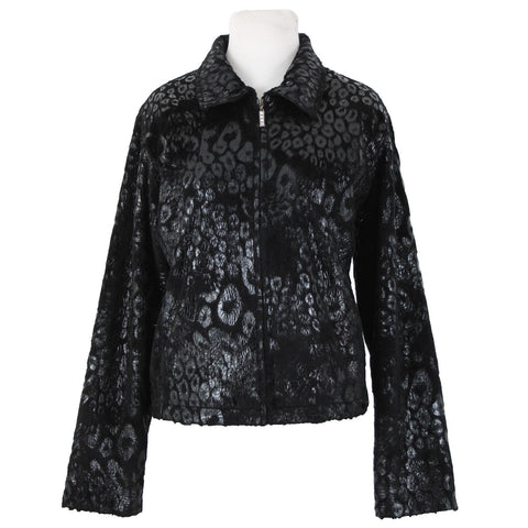 Jackets Galore Sz M Black Collared Animal Print Lined 100% Polyester Jacket