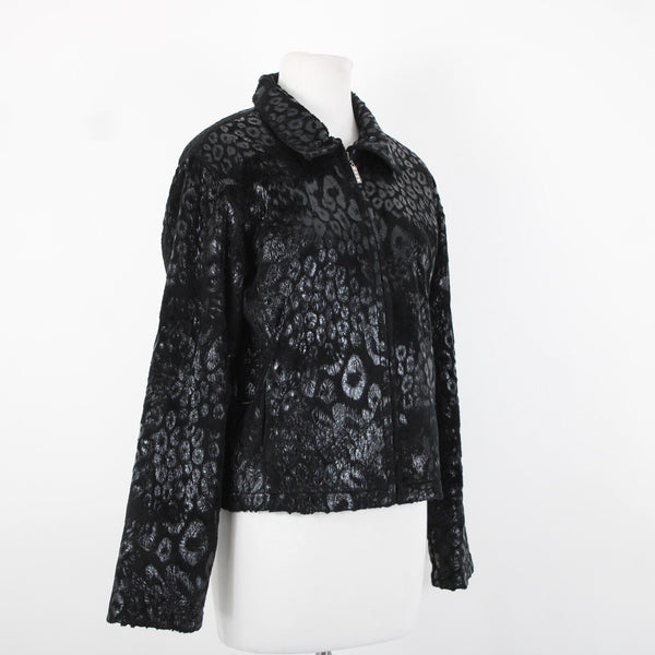 Jackets Galore Sz M Black Collared Animal Print Lined 100% Polyester Jacket