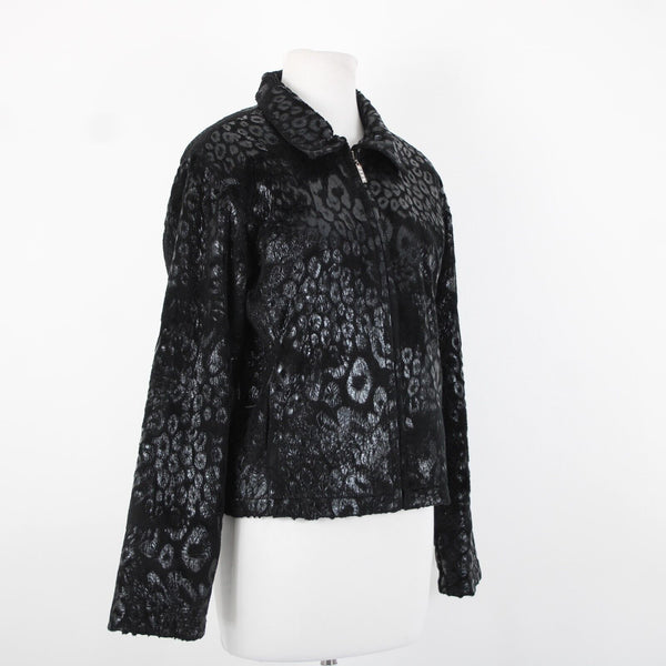 Jackets Galore Sz M Black Collared Animal Print Lined 100% Polyester Jacket