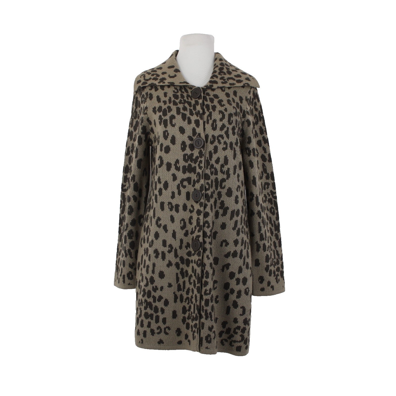 Chicos Cardigan Sz 1 Brown Tan Animal Print Buttons Acrylic Wool Cardigan Jacket