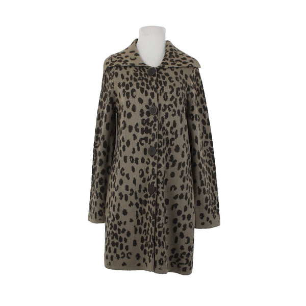 Chicos Cardigan Sz 1 Brown Tan Animal Print Buttons Acrylic Wool Cardigan Jacket