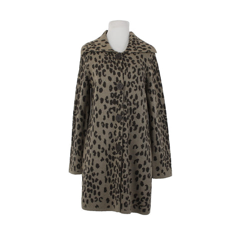 Chicos Cardigan Sz 1 Brown Tan Animal Print Buttons Acrylic Wool Cardigan Jacket