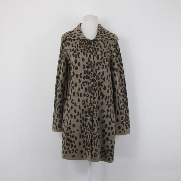 Chicos Cardigan Sz 1 Brown Tan Animal Print Buttons Acrylic Wool Cardigan Jacket