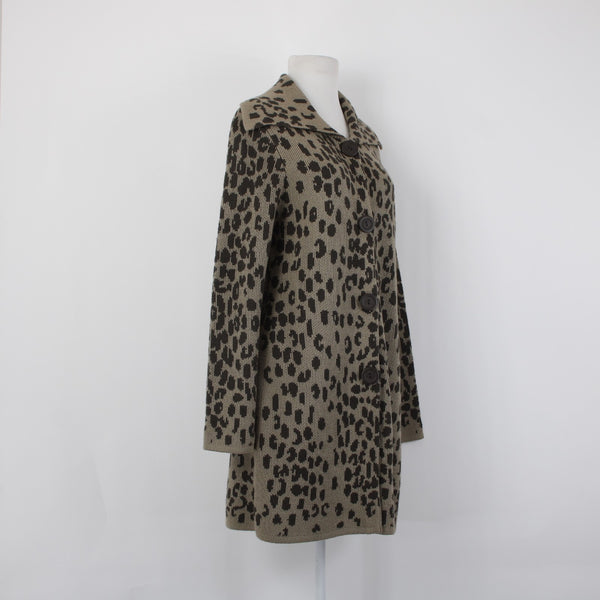 Chicos Cardigan Sz 1 Brown Tan Animal Print Buttons Acrylic Wool Cardigan Jacket