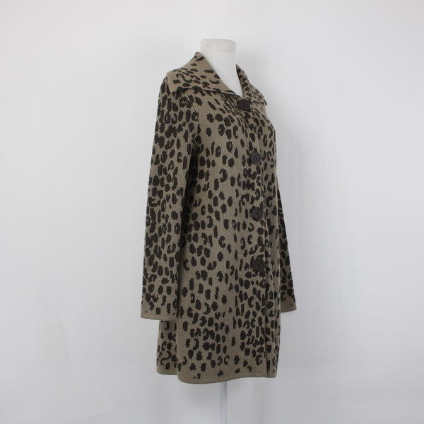 Chicos Cardigan Sz 1 Brown Tan Animal Print Buttons Acrylic Wool Cardigan Jacket