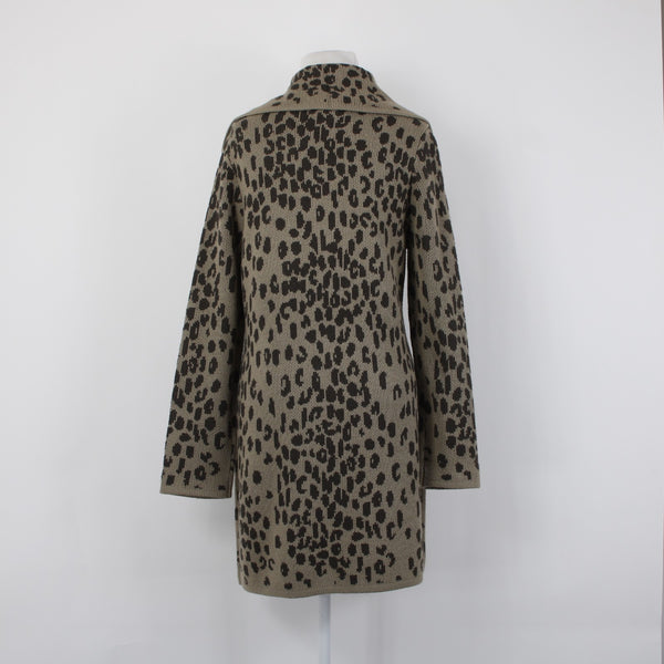 Chicos Cardigan Sz 1 Brown Tan Animal Print Buttons Acrylic Wool Cardigan Jacket