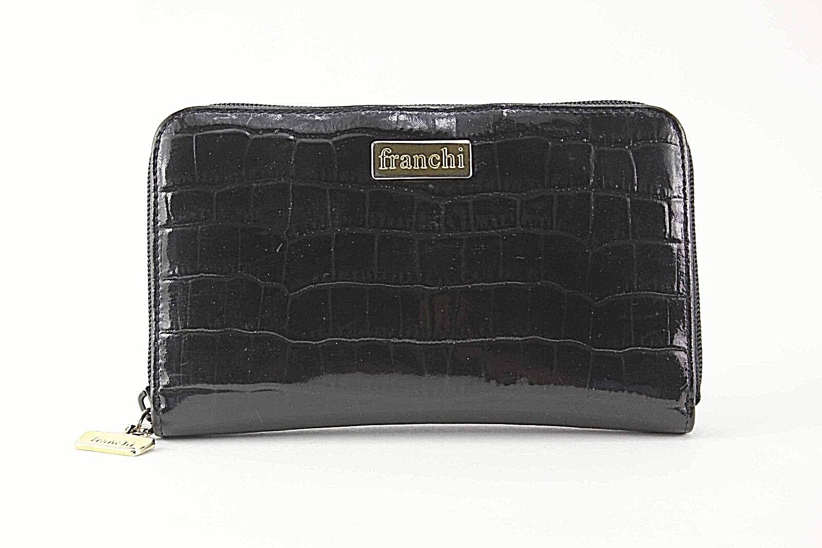 Franchi Brown Croco Embossed Vegan Patent Goldtone Zip Around Wallet