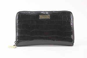 Franchi Brown Croco Embossed Vegan Patent Goldtone Zip Around Wallet