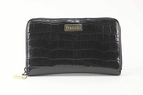 Franchi Brown Croco Embossed Vegan Patent Goldtone Zip Around Wallet