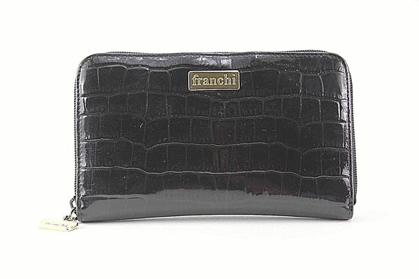 Franchi Brown Croco Embossed Vegan Patent Goldtone Zip Around Wallet