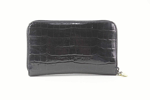 Franchi Brown Croco Embossed Vegan Patent Goldtone Zip Around Wallet
