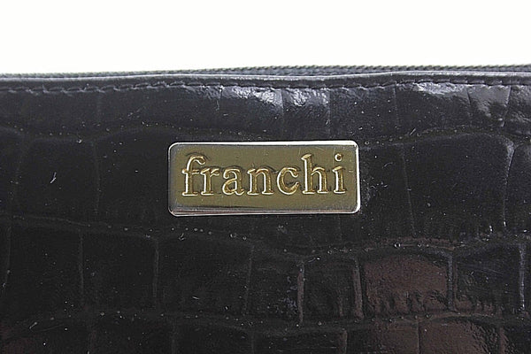 Franchi Brown Croco Embossed Vegan Patent Goldtone Zip Around Wallet