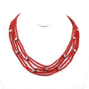 Sterling Silver Red Beaded CZ Multi Layer Hook And Eye Closure 17" Necklace