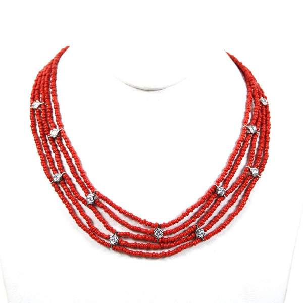 Sterling Silver Red Beaded CZ Multi Layer Hook And Eye Closure 17" Necklace