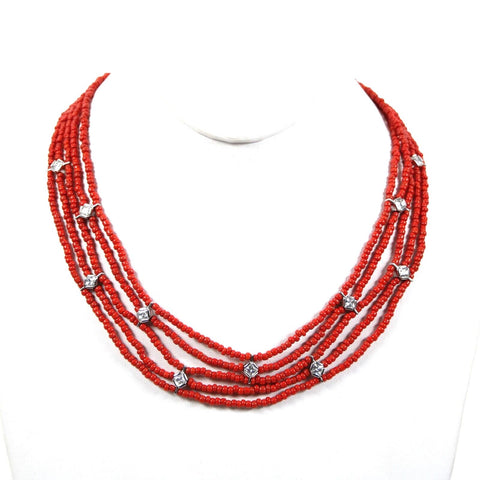 Sterling Silver Red Beaded CZ Multi Layer Hook And Eye Closure 17" Necklace