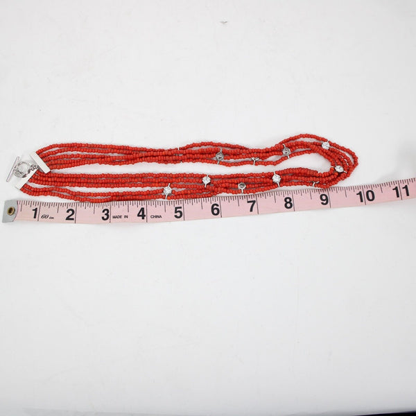 Sterling Silver Red Beaded CZ Multi Layer Hook And Eye Closure 17" Necklace