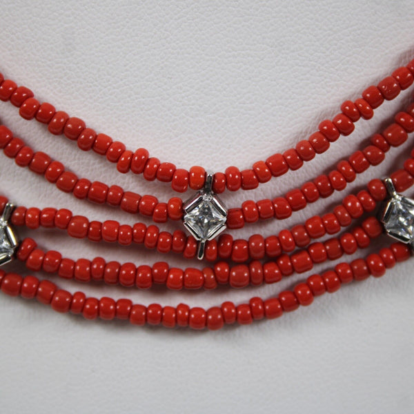 Sterling Silver Red Beaded CZ Multi Layer Hook And Eye Closure 17" Necklace
