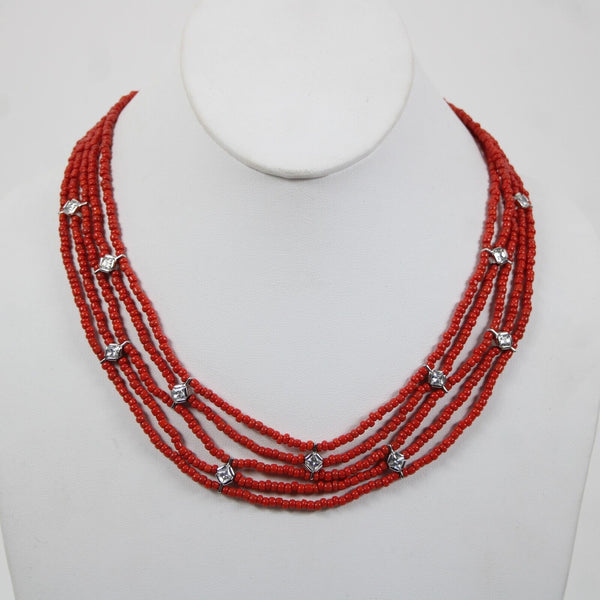 Sterling Silver Red Beaded CZ Multi Layer Hook And Eye Closure 17" Necklace
