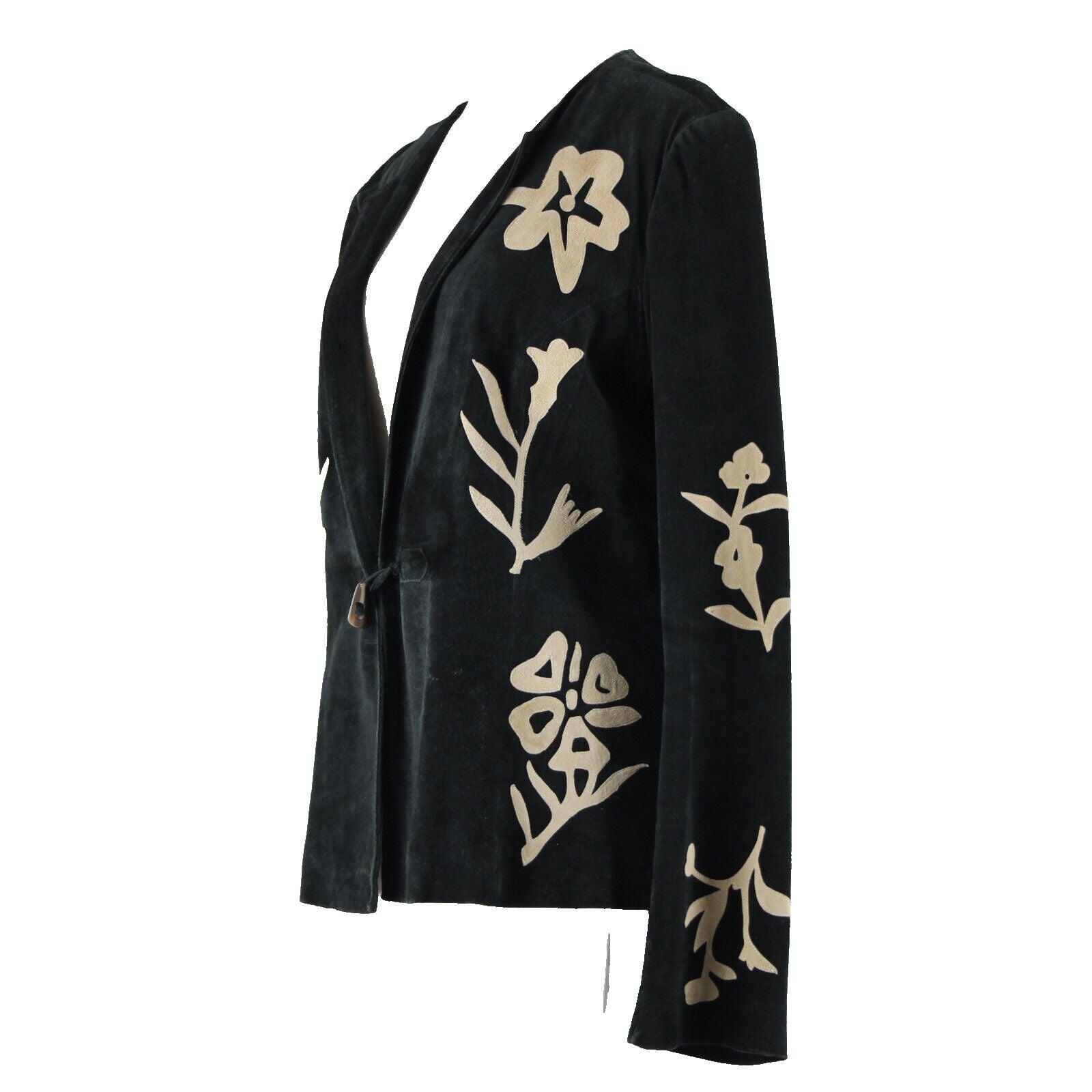 B & J Sz XL Black Tan Applique Vintage Lightweight Suede Lined Boho Jacket