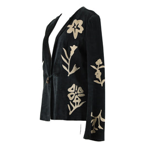 B & J Sz XL Black Tan Applique Vintage Lightweight Suede Lined Boho Jacket