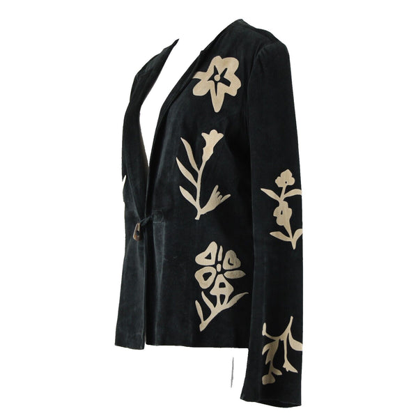 B & J Sz XL Black Tan Applique Vintage Lightweight Suede Lined Boho Jacket