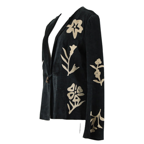 B & J Sz XL Black Tan Applique Vintage Lightweight Suede Lined Boho Jacket