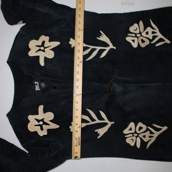 B & J Sz XL Black Tan Applique Vintage Lightweight Suede Lined Boho Jacket