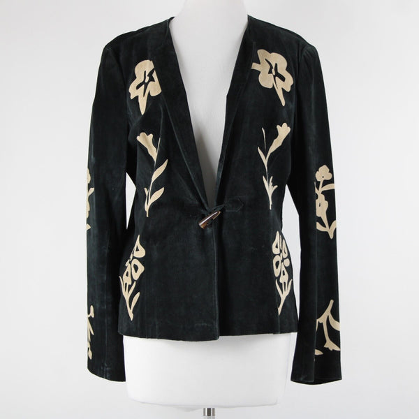 B & J Sz XL Black Tan Applique Vintage Lightweight Suede Lined Boho Jacket
