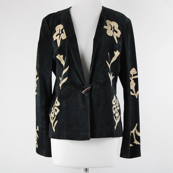 B & J Sz XL Black Tan Applique Vintage Lightweight Suede Lined Boho Jacket