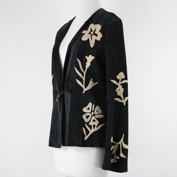 B & J Sz XL Black Tan Applique Vintage Lightweight Suede Lined Boho Jacket
