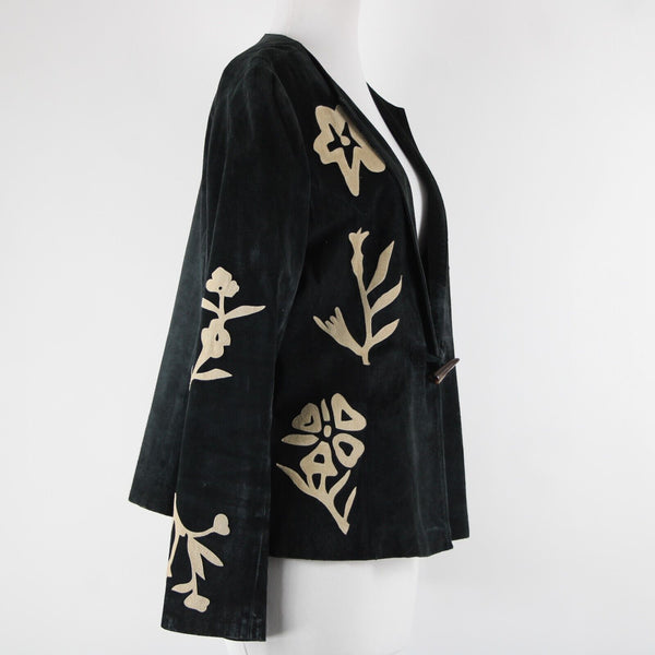 B & J Sz XL Black Tan Applique Vintage Lightweight Suede Lined Boho Jacket
