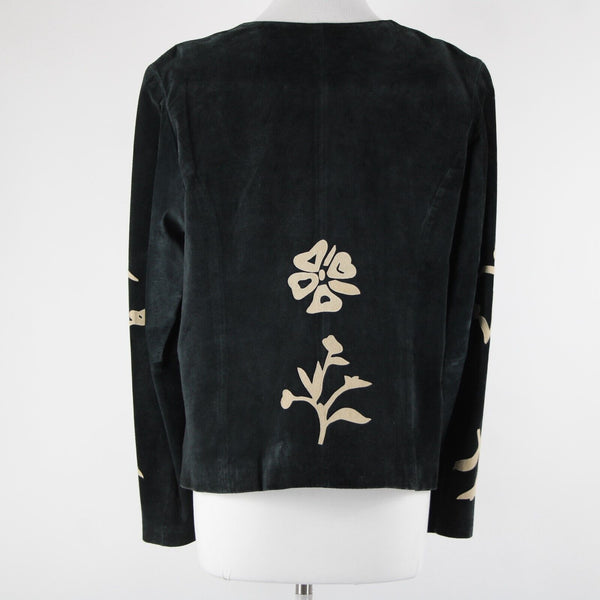 B & J Sz XL Black Tan Applique Vintage Lightweight Suede Lined Boho Jacket