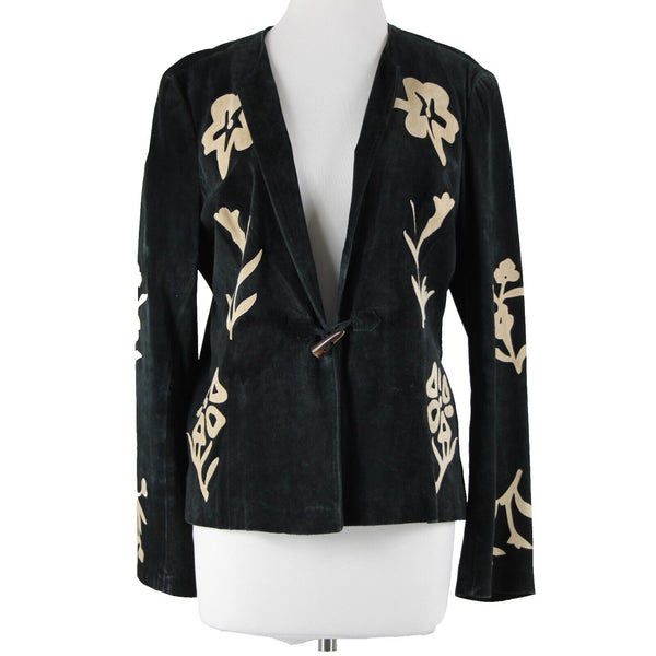 B & J Sz XL Black Tan Applique Vintage Lightweight Suede Lined Boho Jacket