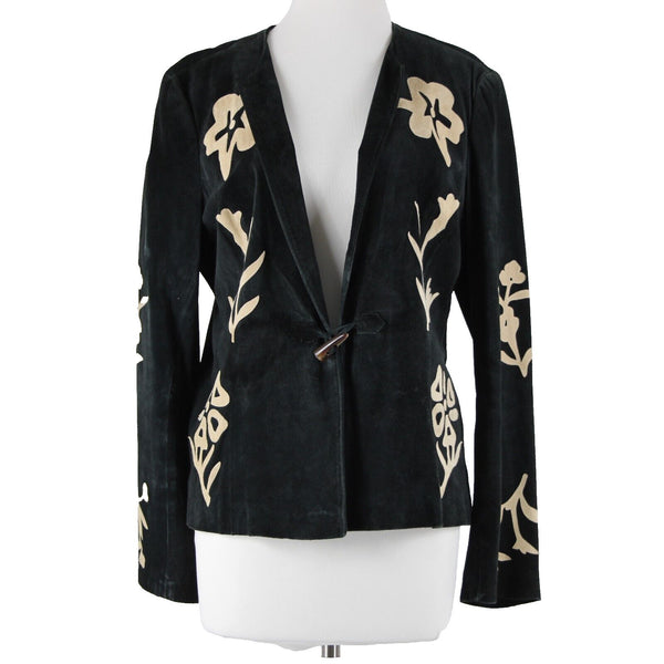 B & J Sz XL Black Tan Applique Vintage Lightweight Suede Lined Boho Jacket