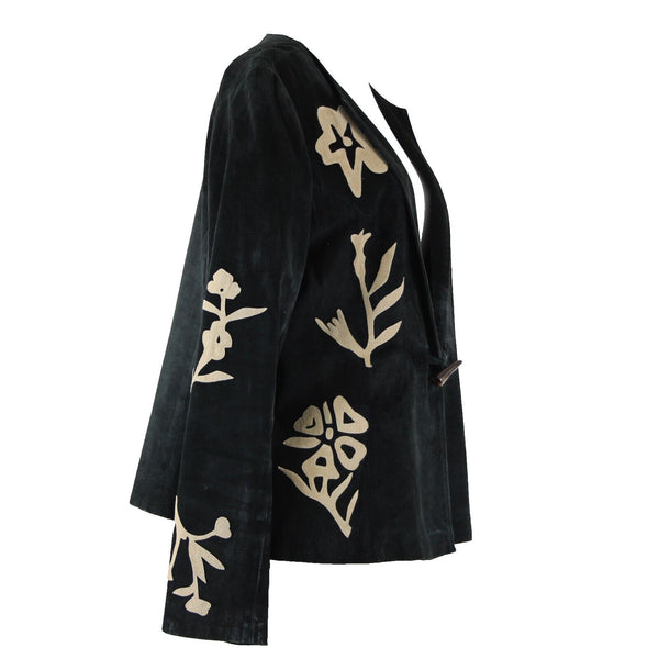 B & J Sz XL Black Tan Applique Vintage Lightweight Suede Lined Boho Jacket