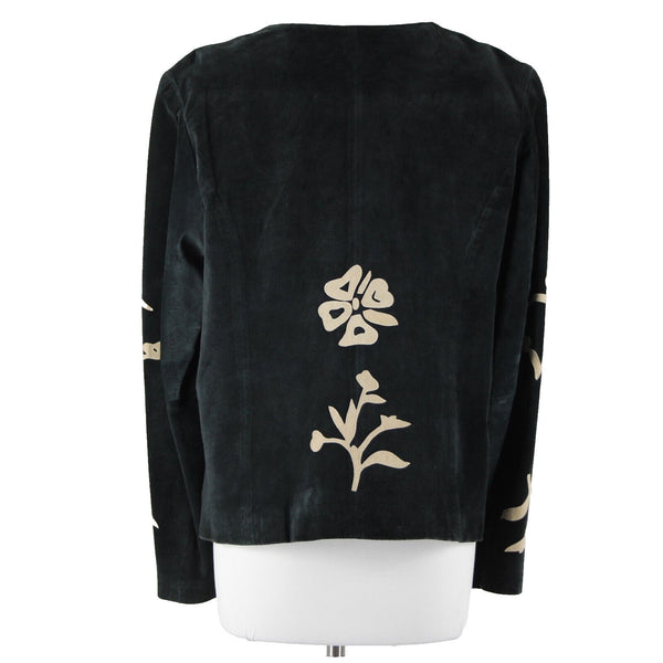 B & J Sz XL Black Tan Applique Vintage Lightweight Suede Lined Boho Jacket