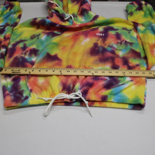 Obey Sz M Multi Color Tie Dye Hooded Crop Pull Over 100% Polyester Sweater