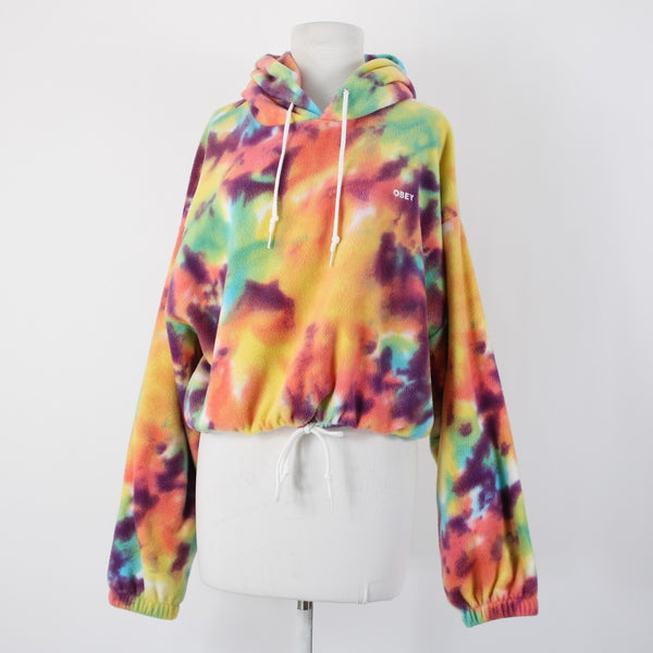 Obey Sz M Multi Color Tie Dye Hooded Crop Pull Over 100% Polyester Sweater