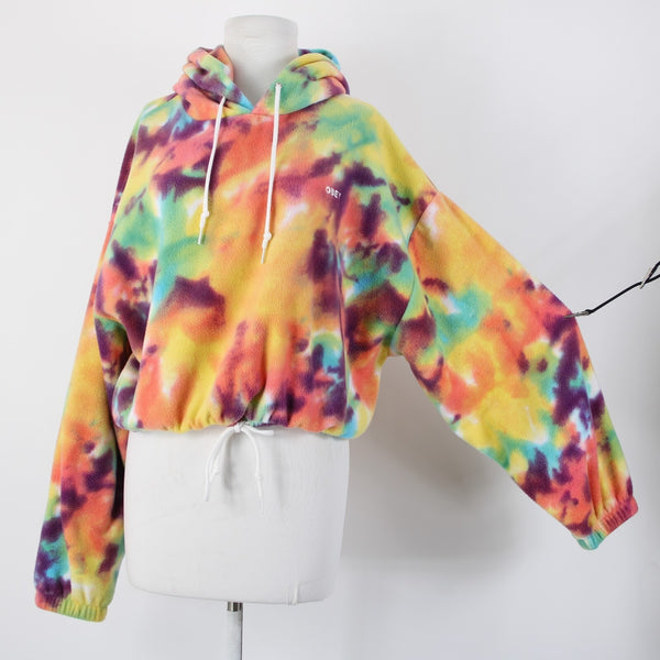 Obey Sz M Multi Color Tie Dye Hooded Crop Pull Over 100% Polyester Sweater
